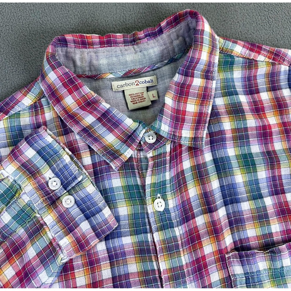 Carbon 2 Cobalt Shirt Large Blue Pink Colorful Plaid Party Chambray Prep Beach